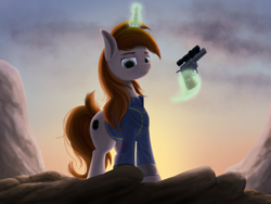 Size: 1600x1200 | Tagged: safe, artist:palibrik, imported from derpibooru, oc, oc only, oc:littlepip, pony, unicorn, fallout equestria, clothes, cloud, eyebrows, female, glowing, glowing horn, gun, handgun, horn, jumpsuit, levitation, lidded eyes, looking at you, looking down, looking down at you, magic, mare, mountain, outdoors, revolver, shading, sky, solo, tail, telekinesis, three quarter view, vault suit, weapon