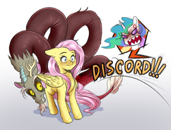 Size: 1050x800 | Tagged: safe, artist:gloomydinosaur, imported from derpibooru, discord, fluttershy, princess celestia, alicorn, draconequus, pegasus, pony, angry, blushing, cowering, cross-popping veins, female, floppy ears, hiding, male, mare, offscreen character, rage, shadow, simple background, snaggletooth, text, this will end in a trip to the moon, this will end in death, this will end in petrification, this will end in tears, this will end in tears and/or death, white background