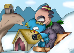 Size: 1280x923 | Tagged: safe, artist:beesmeliss, imported from derpibooru, gallus, grampa gruff, griffon, chibi, snow, snowboard