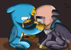 Size: 1280x900 | Tagged: safe, artist:beesmeliss, imported from derpibooru, gallus, grampa gruff, griffon, chibi, crying