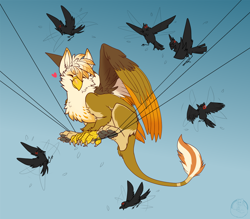 Size: 1200x1050 | Tagged: safe, artist:carifoxleopard, imported from derpibooru, oc, oc:ember burd, bird, griffon, angry, beak, behaving like a bird, colored wings, cute, eared griffon, ears, eyes closed, feather, feathered wings, flying, fur, gradient wings, griffon oc, griffons doing bird things, group, heart, leonine tail, male, multicolored wings, paw pads, paws, power line, sitting, size difference, smiling, tail, underpaw, wings, wires