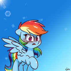 Size: 1544x1562 | Tagged: safe, alternate version, artist:lou, imported from derpibooru, rainbow dash, pegasus, pony, blushing, cute, ears back, female, lens flare, looking at you, mare, open mouth, rainbow dash is not amused, raised hoof, solo, spread wings, sun, unamused, wings