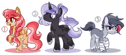 Size: 1150x500 | Tagged: safe, artist:randbrip, imported from derpibooru, oc, oc only, earth pony, pegasus, pony, unicorn, braided pigtails, coat markings, earth pony oc, female, freckles, frown, horn, male, mare, offspring, open mouth, open smile, parent:big macintosh, parent:fluttershy, parent:quibble pants, parent:rainbow dash, parent:rarity, parent:thunderlane, parents:fluttermac, parents:quibbledash, parents:rarilane, pegasus oc, raised hoof, scar, simple background, smiling, sports tape, stallion, transparent background, trio, unicorn oc, unshorn fetlocks