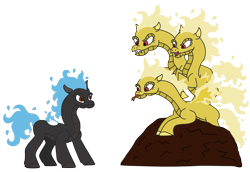 Size: 2785x1918 | Tagged: safe, artist:supahdonarudo, imported from derpibooru, dragon, hybrid, longma, them's fightin' herds, alternate color palette, community related, forked tongue, godzilla, godzilla (series), king ghidorah, mane of fire, multeity, rock, self paradox, self ponidox, simple background, tianhuo (tfh), transparent background