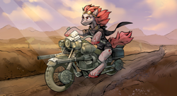 Size: 1280x696 | Tagged: safe, artist:jekeita, imported from derpibooru, oc, oc only, earth pony, semi-anthro, clothes, goggles, gun, motorcycle, post-apocalyptic, solo, weapon