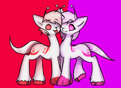 Size: 1920x1400 | Tagged: safe, artist:osukel, imported from derpibooru, oc, oc only, oc:d'jali, oc:vi'desi, alien, alien pony, pony, antennae, brother and sister, cheek to cheek, colored background, colored hooves, colored paws, colored sclera, female, fraternal twins, hooves, male, mlem, no pupils, paws, siblings, side by side, striped tail, stripes, tail, tongue out, twins, unshorn fetlocks