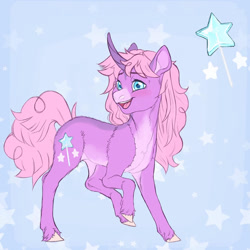 Size: 1024x1024 | Tagged: safe, artist:jadejellie, imported from derpibooru, oc, oc only, oc:lolli star, pony, unicorn, eyebrows, eyebrows visible through hair, female, horn, magical lesbian spawn, mare, offspring, open mouth, open smile, parent:pinkie pie, parent:twilight sparkle, parents:twinkie, raised hoof, smiling, solo, unicorn oc