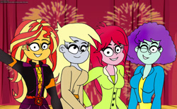 Size: 1280x790 | Tagged: safe, artist:rdj1995, imported from derpibooru, blueberry pie, derpy hooves, raspberry fluff, sunset shimmer, equestria girls, fireworks, happy new year, holiday, the muffins