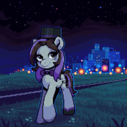 Size: 720x720 | Tagged: safe, artist:hikkage, imported from derpibooru, oc, oc only, oc:bowtie, earth pony, pony, animated, bowtie, city, commission, gif, hat, looking at you, pixel art, raised hoof, smiling, solo, top hat