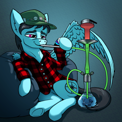 Size: 1920x1920 | Tagged: safe, artist:tsswordy, imported from derpibooru, oc, oc only, oc:leo hawk, oc:seashore tornado, merpony, pegasus, pony, cap, clothes, drugs, hat, high, hookah, male, smiling, smoking, swimming, wings