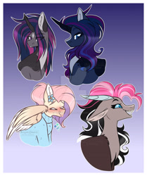 Size: 1920x2302 | Tagged: safe, artist:krypticquartz, imported from derpibooru, oc, oc only, hybrid, pegasus, pony, unicorn, interspecies offspring, magical lesbian spawn, offspring, parent:discord, parent:fluttershy, parent:king sombra, parent:pinkie pie, parent:princess luna, parent:rarity, parent:twilight sparkle, parents:discopie, parents:flarity, parents:rariluna, parents:twibra