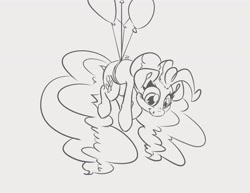 Size: 3300x2550 | Tagged: safe, artist:leadhooves, imported from derpibooru, pinkie pie, earth pony, pony, balloon, black and white, female, floating, grayscale, lineart, mare, monochrome, simple background, smiling, solo, then watch her balloons lift her up to the sky, white background