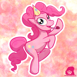 Size: 2400x2400 | Tagged: safe, artist:thecittiverse, imported from derpibooru, pinkie pie, earth pony, pony, abstract background, anatomically incorrect, bipedal, female, hat, incorrect leg anatomy, mare, open mouth, outline, party hat, party horn, solo, white outline