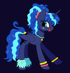 Size: 960x1000 | Tagged: safe, artist:risswm, imported from derpibooru, princess luna, alicorn, pony, between dark and dawn, 80s princess luna, alternate hairstyle, black background, bracelet, face paint, female, jewelry, mare, necklace, open mouth, open smile, ponytail, simple background, smiling, solo