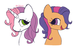 Size: 2667x1714 | Tagged: safe, artist:risswm, imported from derpibooru, scootaloo (g3), sweetie belle (g3), earth pony, pony, unicorn, bust, cute, duo, eyelashes, female, g3, g3 cutealoo, g3 diasweetes, looking at each other, looking at someone, mare, multicolored hair, open mouth, open smile, signature, simple background, smiling, two toned mane, white background