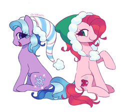 Size: 1118x1000 | Tagged: safe, artist:risswm, imported from derpibooru, snow'el, toboggan (g3), earth pony, pony, clothes, duo, female, hat, mare, open mouth, open smile, simple background, sitting, smiling, white background, winter outfit