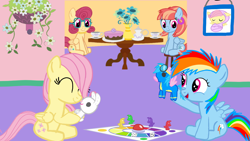 Size: 1280x720 | Tagged: safe, artist:mlplary6, imported from derpibooru, firefly, fluttershy, posey shy, rainbow dash, windy whistles, pegasus, pony, rabbit, animal, female, filly, foal, food, friends, playdate, playing, toy, wonderbolts