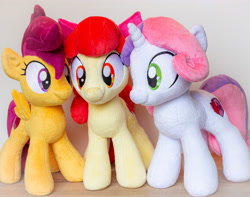 Size: 4006x3160 | Tagged: safe, artist:rtryart, imported from derpibooru, apple bloom, scootaloo, sweetie belle, earth pony, pegasus, pony, unicorn, apple bloom's bow, bow, cutie mark crusaders, female, hair bow, horn, irl, photo, plushie, smiling, spread wings, standing, trio, trio female, wings