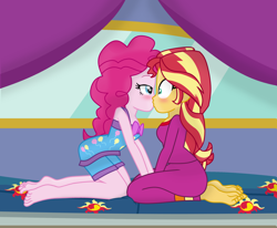 Size: 1920x1580 | Tagged: safe, artist:grapefruit-face, artist:uzzi-ponydubberx, artist:yaya54320bases, edit, imported from derpibooru, pinkie pie, sunset shimmer, human, equestria girls, barefoot, blushing, clothes, duo, feet, female, holding hands, kiss on the lips, kissing, kneeling, lesbian, nightgown, pajamas, shipping, show accurate, sunsetpie, surprise kiss