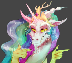 Size: 4000x3500 | Tagged: safe, artist:flazeflower, imported from derpibooru, discord, princess celestia, draconequus, dungeons and discords, bust, collaboration, discord's celestia face, gray background, grin, male, pointing, simple background, smiling, solo