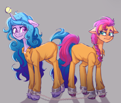 Size: 3459x2953 | Tagged: safe, artist:yumkandie, imported from derpibooru, izzy moonbow, sunny starscout, earth pony, pony, unicorn, ankle chain, ball, clothes, crying, cuffed, duo, duo female, female, floppy ears, g5, horn, hornball, izzy's tennis ball, my little pony: a new generation, nervous, never doubt rainbowdash69's involvement, prison outfit, prisoner, prisoner im, sweat, sweatdrops, tennis ball