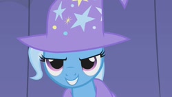 Size: 1280x720 | Tagged: safe, imported from derpibooru, screencap, trixie, pony, unicorn, boast busters, season 1, bust, cape, clothes, female, grin, hat, mare, smiling, solo, trixie's cape, trixie's hat