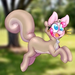 Size: 1587x1587 | Tagged: safe, artist:mclovin, imported from derpibooru, pinkie pie, earth pony, pony, squirrel, animal costume, clothes, costume, derp, emanata, female, kigurumi, mare, open mouth, open smile, outdoors, smiling, solo, tail, tail wag, zipper