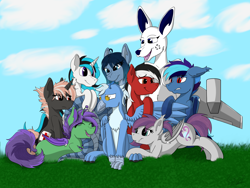 Size: 6528x4896 | Tagged: safe, artist:officiallunardj, imported from derpibooru, oc, oc:alisia, oc:crimson shield, oc:ebony rain, oc:frost wing, oc:luke quint, oc:opal brona, oc:pickles, oc:snap shot, oc:wulfric, alien, bat pony, griffon, hybrid, kangaroo, lamia, original species, cute, furry, plane