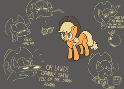 Size: 2800x2000 | Tagged: safe, artist:breaddramen, imported from derpibooru, applejack, earth pony, pony, apple, clothes, coffee mug, cowboy hat, female, food, gray background, hat, mare, mug, onion, scarf, simple background, sketch, solo