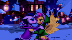 Size: 1280x720 | Tagged: safe, artist:vasillium, imported from derpibooru, fluttershy, rarity, pegasus, pony, unicorn, blushing, clothes, coat, female, flarity, hood, kissing, lantern, lesbian, mare, nose kiss, ponyville, shipping, snow, spread wings, wings, winter
