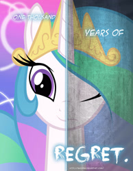 Size: 2158x2780 | Tagged: safe, artist:tehjadeh, imported from derpibooru, princess celestia, alicorn, pony, depressedia, female, high res, mare, multiple heads, poster, sad, two heads, two sided posters