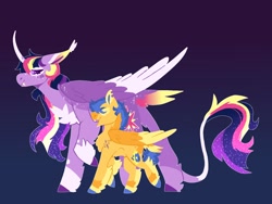 Size: 1600x1200 | Tagged: safe, artist:lepz_weird, imported from derpibooru, flash sentry, twilight sparkle, alicorn, pegasus, pony, alternate design, chest fluff, colored ears, colored horn, colored wings, curved horn, duo, fangs, female, flashlight, horn, leonine tail, male, shipping, size difference, straight, tail, twilight sparkle (alicorn), two toned wings, wings