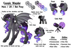 Size: 6896x4714 | Tagged: safe, artist:amazing-artsong, imported from derpibooru, oc, oc:cosmic wander, bat pony, pony, absurd resolution, female, mare, reference sheet, simple background, solo, transparent background