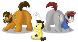 Size: 10967x5967 | Tagged: safe, artist:aleximusprime, imported from derpibooru, oc, oc:alex the chubby pony, oc:khaki-cap, oc:tommy the human, alicorn, earth pony, pony, alicorn oc, butt, child, clothes, colt, commissioner:bigonionbean, dummy thicc, earth pony oc, embarrassed, extra thicc, facial hair, flank, foal, hat, horn, judging, male, plot, scrunchy face, shocked, simple background, sitting, stallion, taunting, teasing, the ass was fat, tongue out, transparent background, wings, writer:bigonionbean