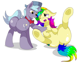 Size: 9000x7500 | Tagged: safe, artist:rainbowtashie, imported from derpibooru, oc, oc:evening emeralds, oc:rainbow tashie, earth pony, pony, unicorn, bowtie, butt, commissioner:bigonionbean, cutie mark, dummy thicc, extra thicc, female, flank, fusion, fusion:igneous rock pie, fusion:night light, hat, male, mare, nintendo, nintendo 64, plot, simple background, stallion, ticklish tummy, transparent background, writer:bigonionbean