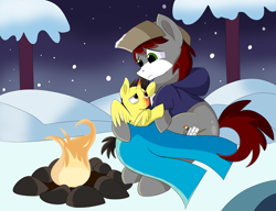 Size: 9000x6923 | Tagged: safe, artist:rainbowtashie, imported from derpibooru, oc, oc:khaki-cap, oc:tommy the human, alicorn, earth pony, pony, alicorn oc, butt, campfire, child, clothes, cold, colt, commissioner:bigonionbean, concerned, dummy thicc, earth pony oc, extra thicc, fire, foal, hat, horn, male, pants, plot, red nosed, sick, sitting, snow, snowfall, stallion, swollen horn, teary eyes, the ass was fat, tree, wings, worried, writer:bigonionbean