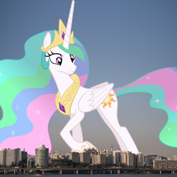 Size: 1300x1300 | Tagged: safe, artist:mattyhex, artist:thegiantponyfan, imported from derpibooru, princess celestia, alicorn, pony, crown, female, giant alicorn, giant pony, giantess, giantlestia, highrise ponies, irl, jewelry, macro, mare, mega celestia, mega giant, photo, ponies in real life, regalia, seoul, south korea