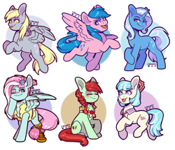 Size: 2000x1717 | Tagged: safe, artist:ak4neh, imported from derpibooru, candy apples, coco pommel, derpy hooves, firefly, kerfuffle, trixie, earth pony, pegasus, pony, unicorn, amputee, apple family member, bow, braid, female, mare, necktie, prosthetic limb, prosthetics, tongue out