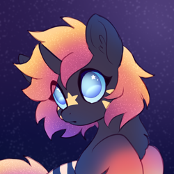 Size: 1000x1000 | Tagged: safe, artist:luminousdazzle, imported from derpibooru, oc, oc only, oc:monoceros, pony, unicorn, chest fluff, ethereal mane, female, gradient hooves, gradient mane, looking up, mare, markings, night, no pupils, solo, space, starry mane, starry night