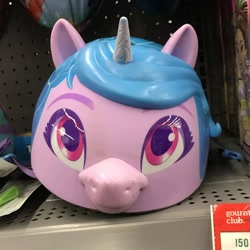 Size: 1080x1080 | Tagged: safe, imported from derpibooru, izzy moonbow, pony, unicorn, g5, helmet, irl, merchandise, my little pony: a new generation, photo, toy, walmart