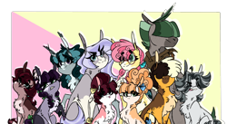 Size: 2920x1600 | Tagged: safe, artist:jolenepiggelin, imported from derpibooru, li'l cheese, oc, oc:amethyst pie, oc:banana pie, oc:mahogany heart pie, oc:monochrome pie, oc:poppy rock pie, oc:rock moss pie, oc:stone stitches pie, oc:sweet cherry pie, oc:sweet honey pie, earth pony, pony, the last problem, chest fluff, cousins, glasses, magical gay spawn, magical lesbian spawn, offspring, parent:big macintosh, parent:cheese sandwich, parent:coco pommel, parent:derek, parent:limestone pie, parent:marble pie, parent:maud pie, parent:mud briar, parent:octavio pie, parent:pinkie pie, parents:cheesepie, parents:derektavio, parents:marblemac, parents:maudbriar