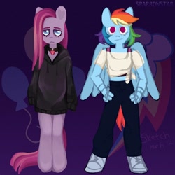 Size: 1080x1080 | Tagged: safe, artist:sparrowstarr, imported from derpibooru, pinkie pie, rainbow dash, anthro, earth pony, pegasus, unguligrade anthro, choker, clothes, converse, cutie mark background, duo, female, hoodie, pants, pinkamena diane pie, shoes, sneakers