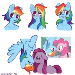 Size: 1080x1080 | Tagged: safe, artist:sparrowstarr, imported from derpibooru, pinkie pie, rainbow dash, pony, semi-anthro, bust, duo, female, floppy ears, kissing, lesbian, pinkamena diane pie, pinkiedash, screencap reference, shipping, upside down kiss