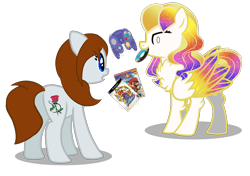 Size: 1700x1200 | Tagged: safe, artist:galeemlightseraphim, imported from derpibooru, oc, oc only, oc:galeem light, earth pony, pegasus, pony, base used, chest fluff, controller, duo, earth pony oc, ethereal mane, female, gamecube controller, mare, pegasus oc, simple background, starry mane, transparent background, wings