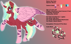 Size: 1000x626 | Tagged: safe, artist:brybrychan, imported from derpibooru, oc, oc only, alicorn, pony, abstract background, alicorn oc, chest fluff, female, horn, mare, raised hoof, reference sheet, smiling, solo, wings