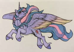 Size: 2048x1455 | Tagged: safe, artist:honiibree, imported from derpibooru, twilight sparkle, alicorn, pony, colored wings, colored wingtips, flying, marker drawing, simple background, smiling, solo, spread wings, traditional art, twilight sparkle (alicorn), unshorn fetlocks, white background, wings