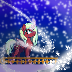 Size: 1280x1280 | Tagged: safe, artist:brybrychan, imported from derpibooru, oc, alicorn, pony, alicorn oc, female, glowing, glowing horn, horn, looking up, mare, night, outdoors, solo, stars, wings