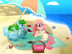 Size: 1600x1200 | Tagged: safe, artist:kaikururu, imported from derpibooru, oc, oc only, bat pony, crab, earth pony, pony, bat pony oc, beach, duo, earth pony oc, female, male, mare, outdoors, picnic, smiling, stallion