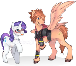 Size: 2764x2400 | Tagged: safe, artist:miphassl, imported from derpibooru, rarity, pegasus, pony, unicorn, fanfic:kingdom hearts of harmony, commission, duo, kingdom hearts, kingdom hearts of harmony, smiling, sora