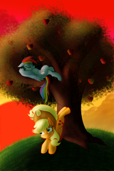 Size: 2000x3000 | Tagged: safe, artist:sixes&sevens, imported from derpibooru, applejack, rainbow dash, earth pony, pegasus, pony, apple, apple tree, applejack's hat, bucking, cowboy hat, female, hat, mare, prank, sleeping, sunrise, tree